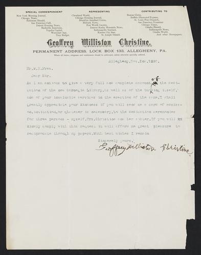 Letter to Mr. W.N. Frew from Geoffrey Williston Christine, November 2, 1895