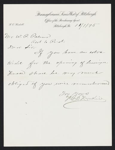 Letter to W.P. Palmer from H.O. Hukill, November 1, 1895