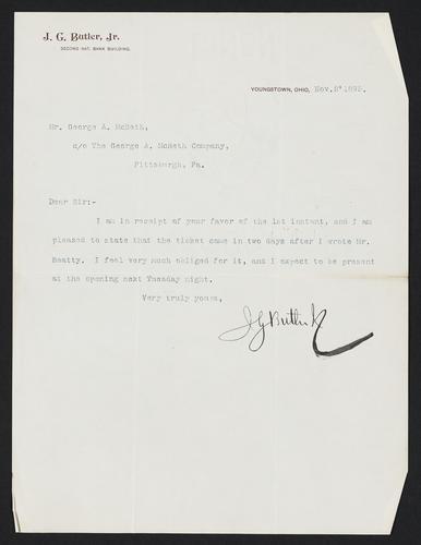 Letter to Mr. George A. Macbeth from J.G. Butler, Jr., November 2, 1895