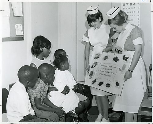 Student nurses teaching children about nutrition.
