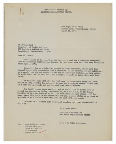 Letter to Frank Beal from Families and Friends of Southwest Rehabilitation Center