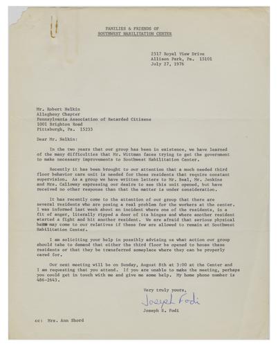 Letter from families of patients at Southwest Rehabilitation Center to Bob Nelkin