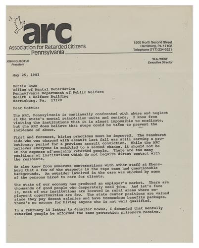 Letter from Teddi Leiden to Dottie Rowe on Department of Public Welfare Hiring Practices