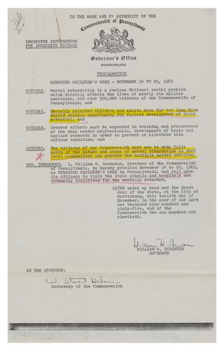 Proclamation of Retarded Children's Week Commonwealth of Pennsylvania Governor's Proclamation
