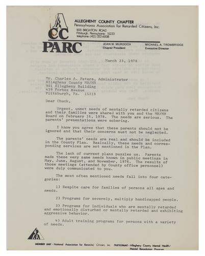 Letter from Joan Murdoch to Charles Peters