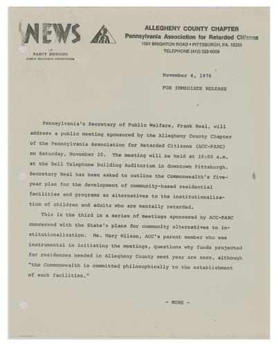 ACC-PARC News Release, 1976 Beal Visit