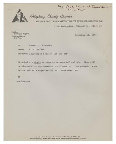 Draft Agreements Between ACC-PARC and Department of Public Welfare Letter from Charles Peters