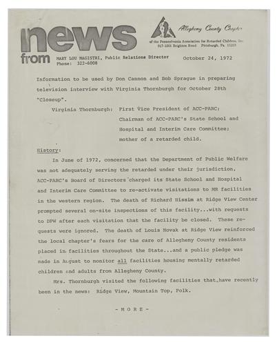 Information Gathered for Virginia Thornburgh Interview on Closeup Program