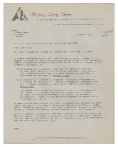 Right to Education in State Institutions Memo from Bob Nelkin