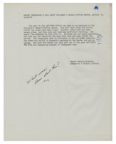 Report Concerning A Call About Children's Rehabilitation Center, Butler, PA