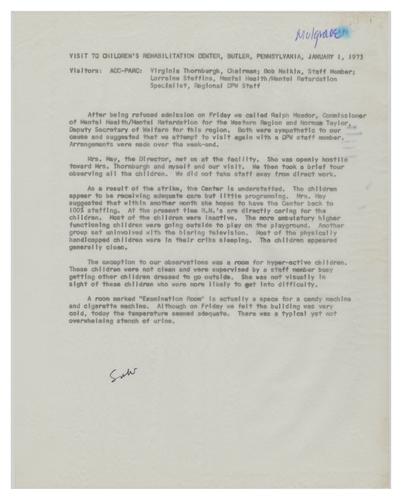 January 1973 Visit to Children's Rehabilitation Center Notes