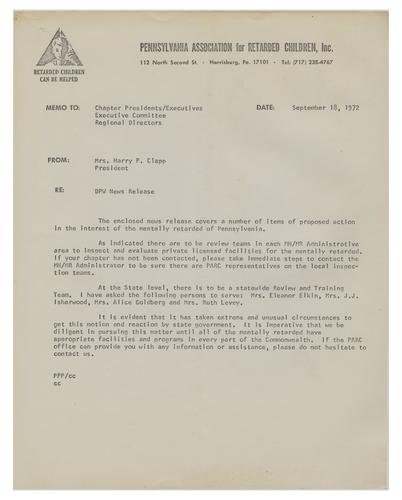 Department of Public Welfare News Release Memo