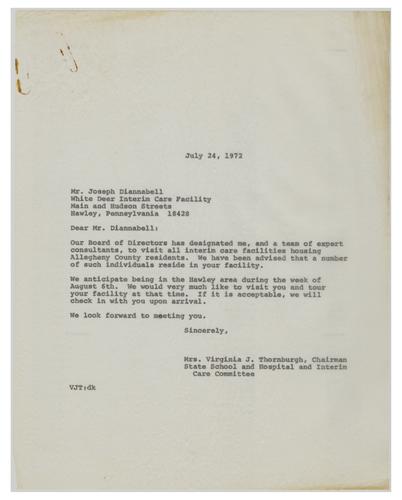 Letter from Virginia Thornburgh to Joseph Diannabell Regarding White Deer Interim Care Facility Visit