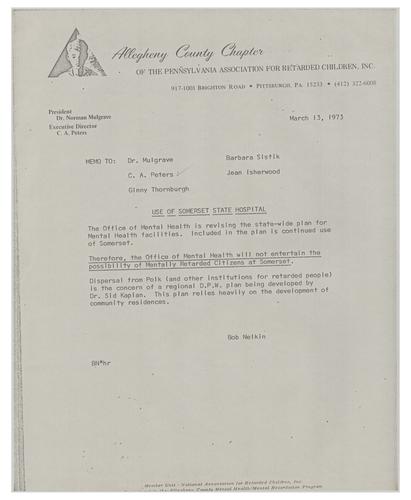 Memo on Use of Somerset State Hospital