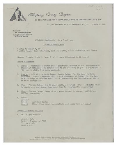 ACC-PARC Residential Care Committee Visit to Idlewood Group Home Notes