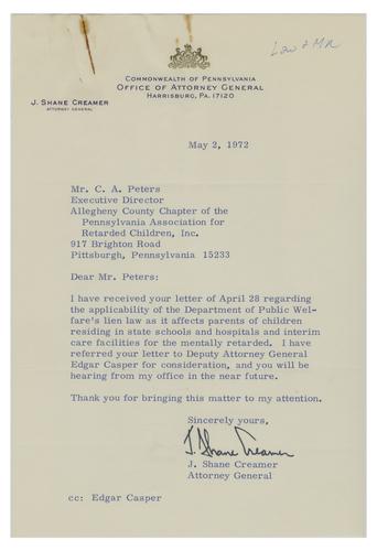 Letter from J. Shane Creamer to Charles Peters