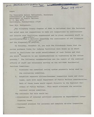 Draft of Letter to Helene Wohlgemuth Regarding Unannounced Visits