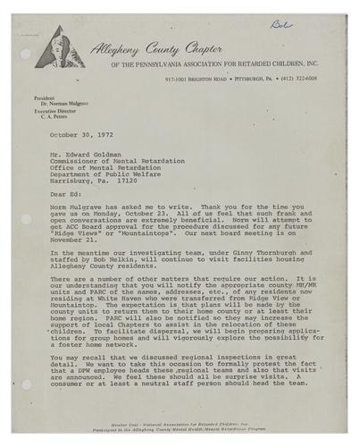 Letter from Charles Peters to Edward Goldman