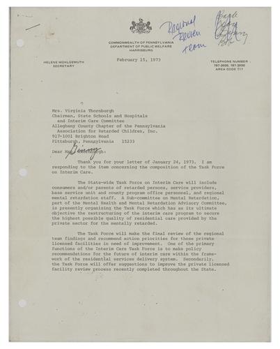 Letter from Helene Wohlgemuth to Virginia Thornburgh