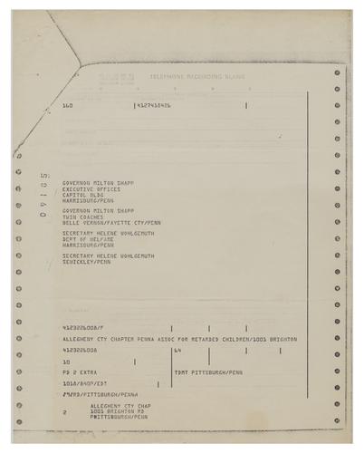 Telegram to Governor Milton Shapp and Secretary Helene Wohlgemuth