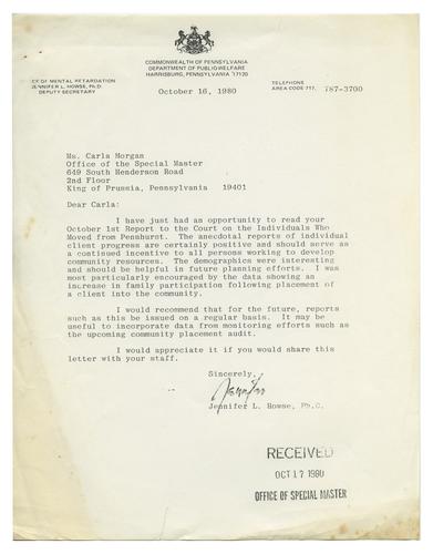 Letter from Jennifer Howse to Carla Morgan