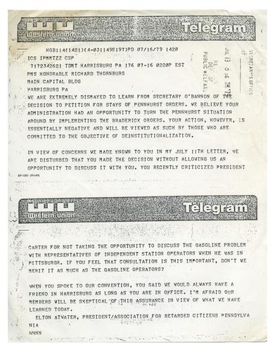 Telegram from Elton Atwater to Governor Richard Thornburgh