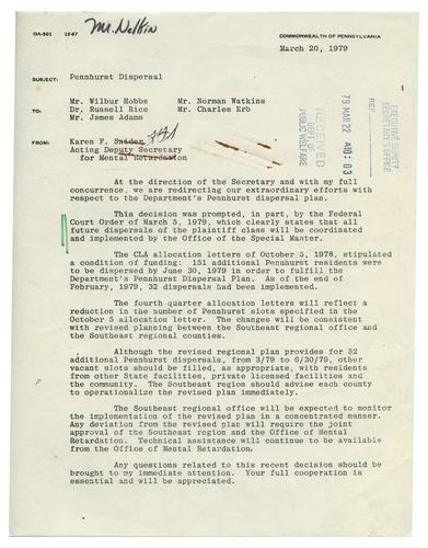 Karen Snider Memo Regarding Pennhurst Dispersal