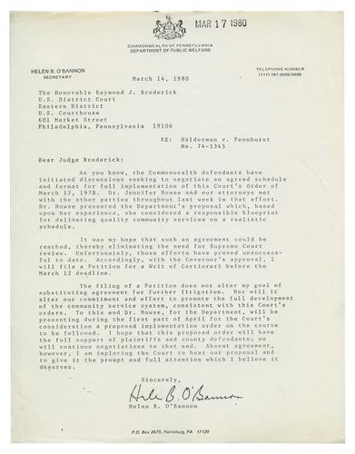 Letter from Helen O'Bannon to Judge Raymond Broderick