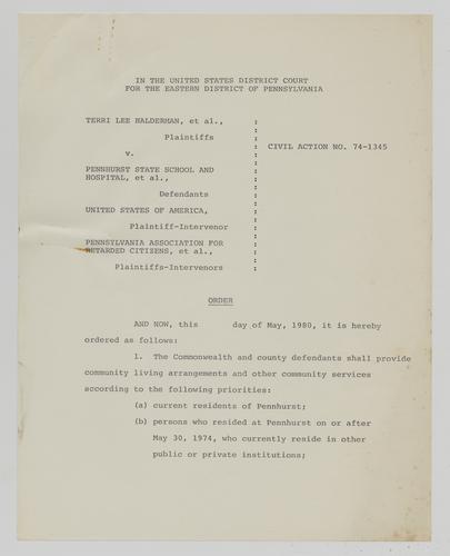 Terri Lee Halderman v. Pennhurst State School Court Order