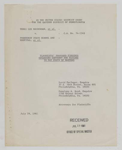 Plaintiff's Proposed Findings Regarding Contempt for Failure to Pay Costs of Masters, Halderman v. Pennhurst