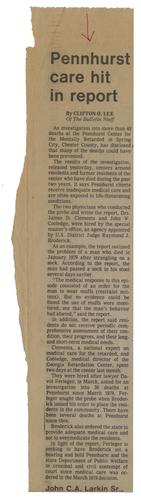 "Pennhurst Care Hit in Report" Article