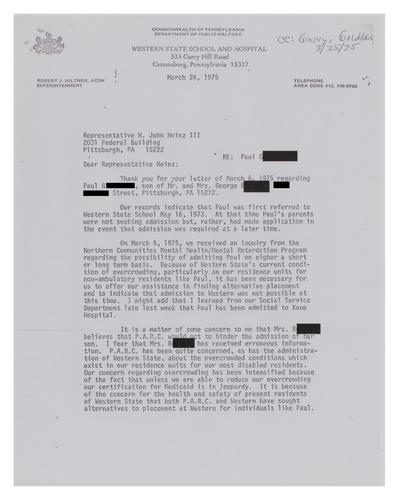 Letter from Robert Hiltner to John Heinz III