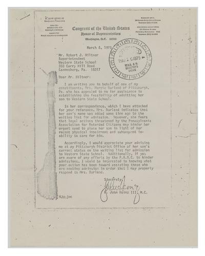 Letter from John Heinz III to Robert Hiltner