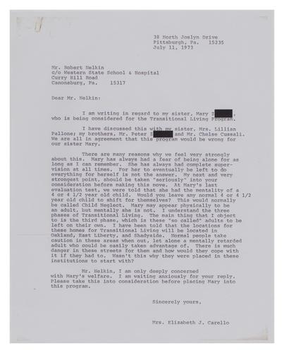 Letter from Elizabeth Carello to Bob Nelkin