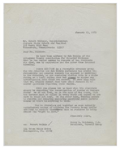 Letter from Harry Goldberg to Robert Hiltner Regarding Death Records at Western State School and Hospital