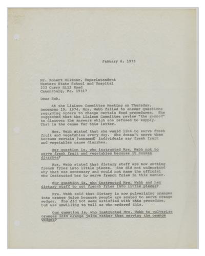 Letter from Bob Nelkin to Robert Hiltner on Dietary Practices at Western State School and Hospital