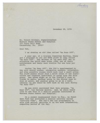 Letter from Bob Nelkin to Robert Hiltner on "An Hour Off"