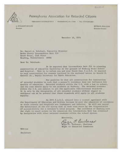 Letter from Roger E. Buchanan to Daniel A. Rohrbach Regarding Education at Hamburg State School and Hospital