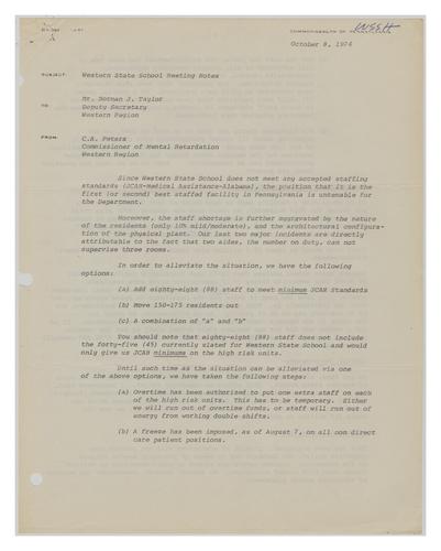 Memo from Charles Peters to Norman J. Taylor Regarding Staffing Issues at Western State School and Hospital