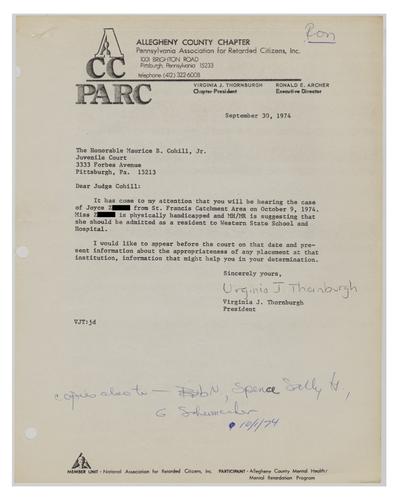 Letter from Virginia Thornburgh to Judge Maurice Cohill