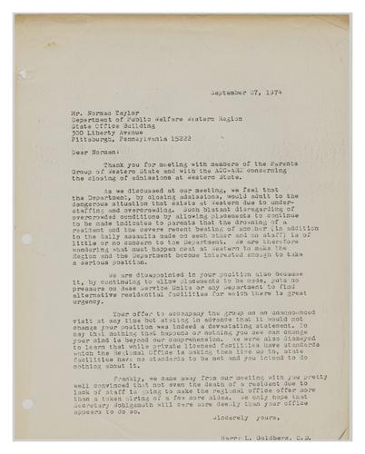 Letter from Harry Goldberg to Norman Taylor