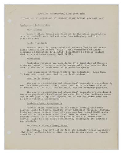 Closing of Admissions at Western State School and Hospital ACC-PARC Residential Committee Informational Sheet