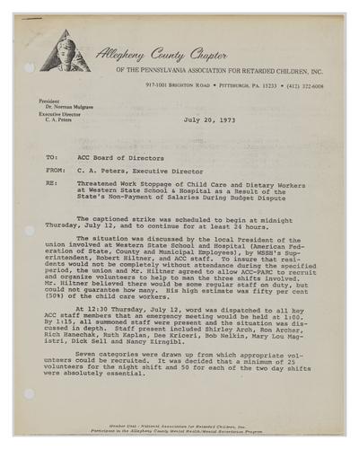 Threatened Work Stoppage at Western State School and Hospital Memo