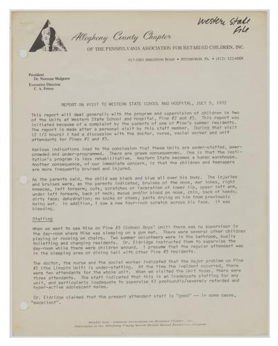 Report on Western State School and Hospital