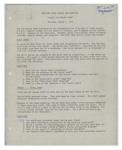 Western State School and Hospital Visitation Team Report