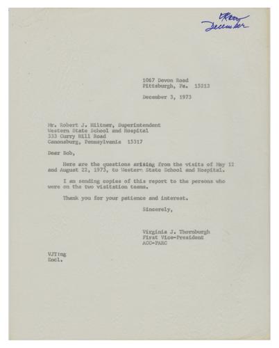 Questions Following 1973 Visits to Western State School and Hospital