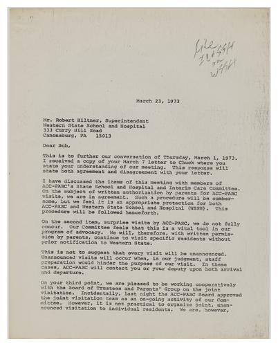 Letter from Virginia Thornburgh to Robert Hiltner