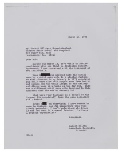 Letter from Bob Nelkin to Robert Hiltner on Treatment of Residents at Dining Hall