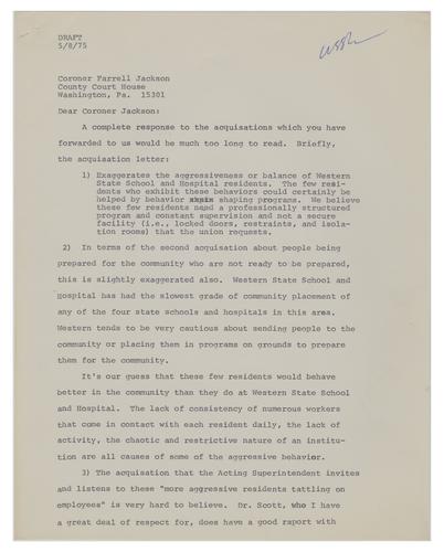 Virginia Thornburgh Letter Draft to Farrell Jackson