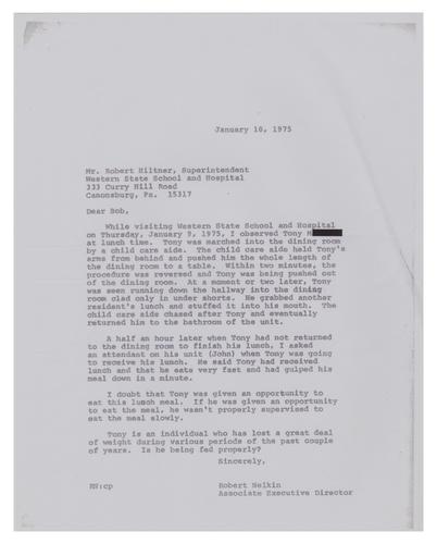 Letter from Bob Nelkin to Robert Hiltner Regarding Tony M.